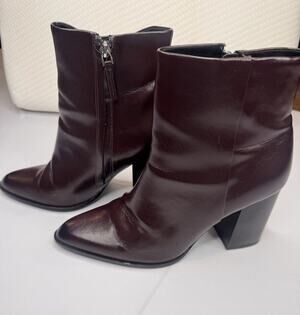 ZARA Women's Brown Leather Ankle Boots Pointed Toe Block Heel Zip US 10 EU41